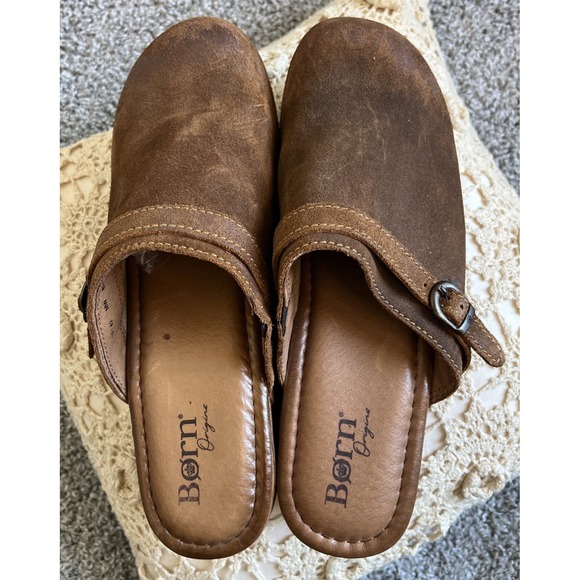 Børn Shoes - Born Origin Women 10 Brown Leather Mule Clog Studded Buckle Slip On Boho Western